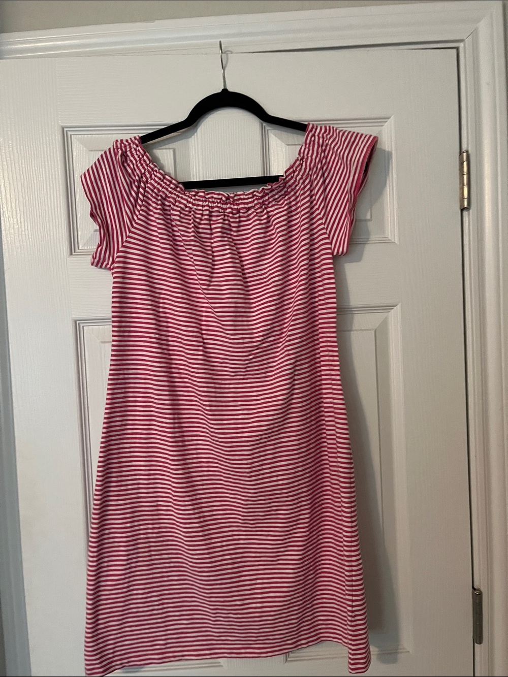Woman’s pink and White Striped Off-Shoulder Dress